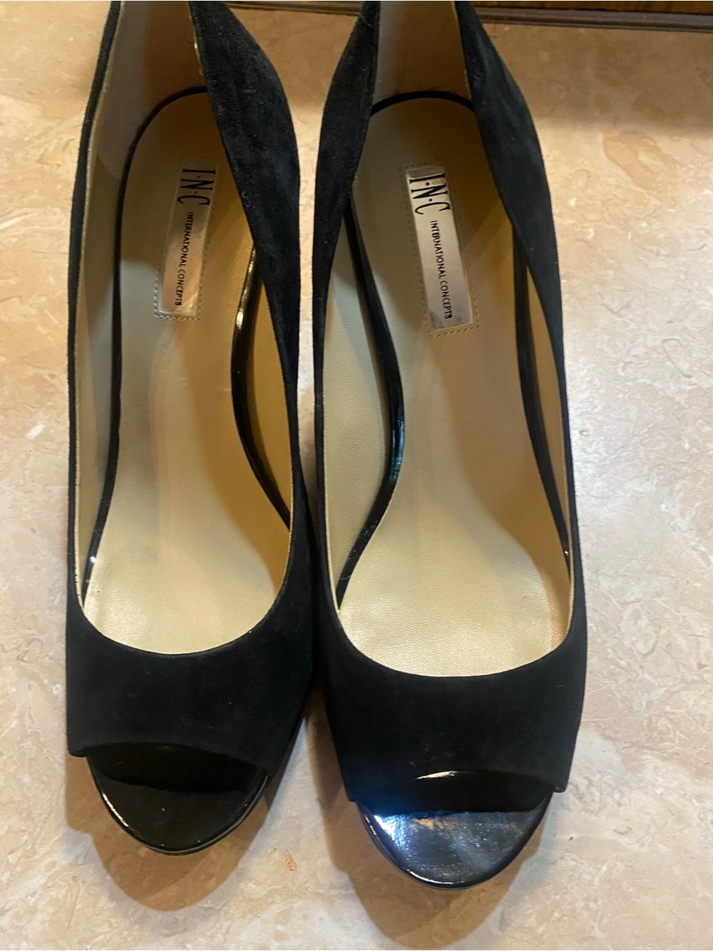 INC International Concepts Black Suede Peep-Toe Wedge with Patent Toe